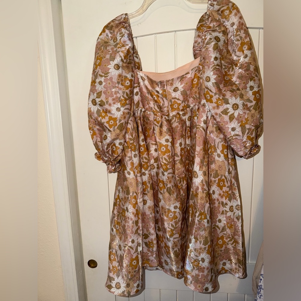 Impressions Pink and Mustard Floral Puff-Sleeve Dress